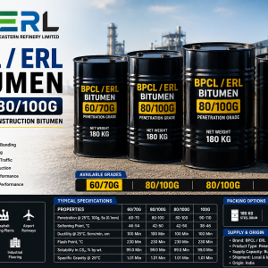 BPCL / ERL Bitumen 60/70 / 80/100G Drum – Premium Penetration Grade Asphalt for Road Construction